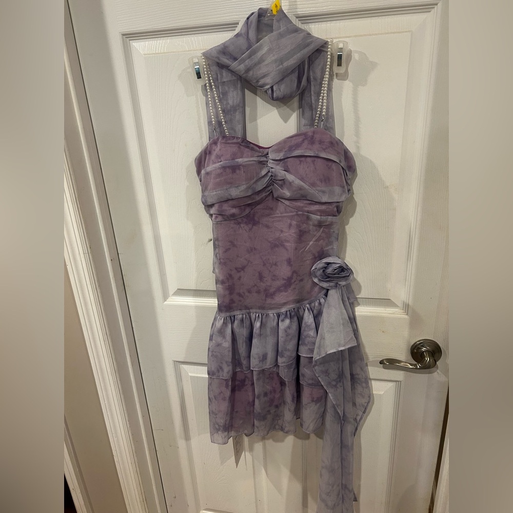 Purple Strapless Dress with Scarf